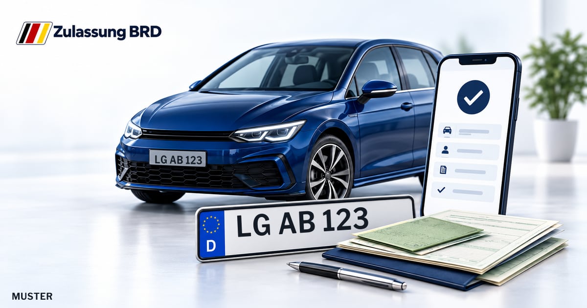 Online Fahrzeugzulassung in Landkreis Lüneburg: Musterkennzeichen LG AB 123, Auto und Fahrzeugpapiere und Smartphone. Illustration mit Logo von Zulassung BRD.
